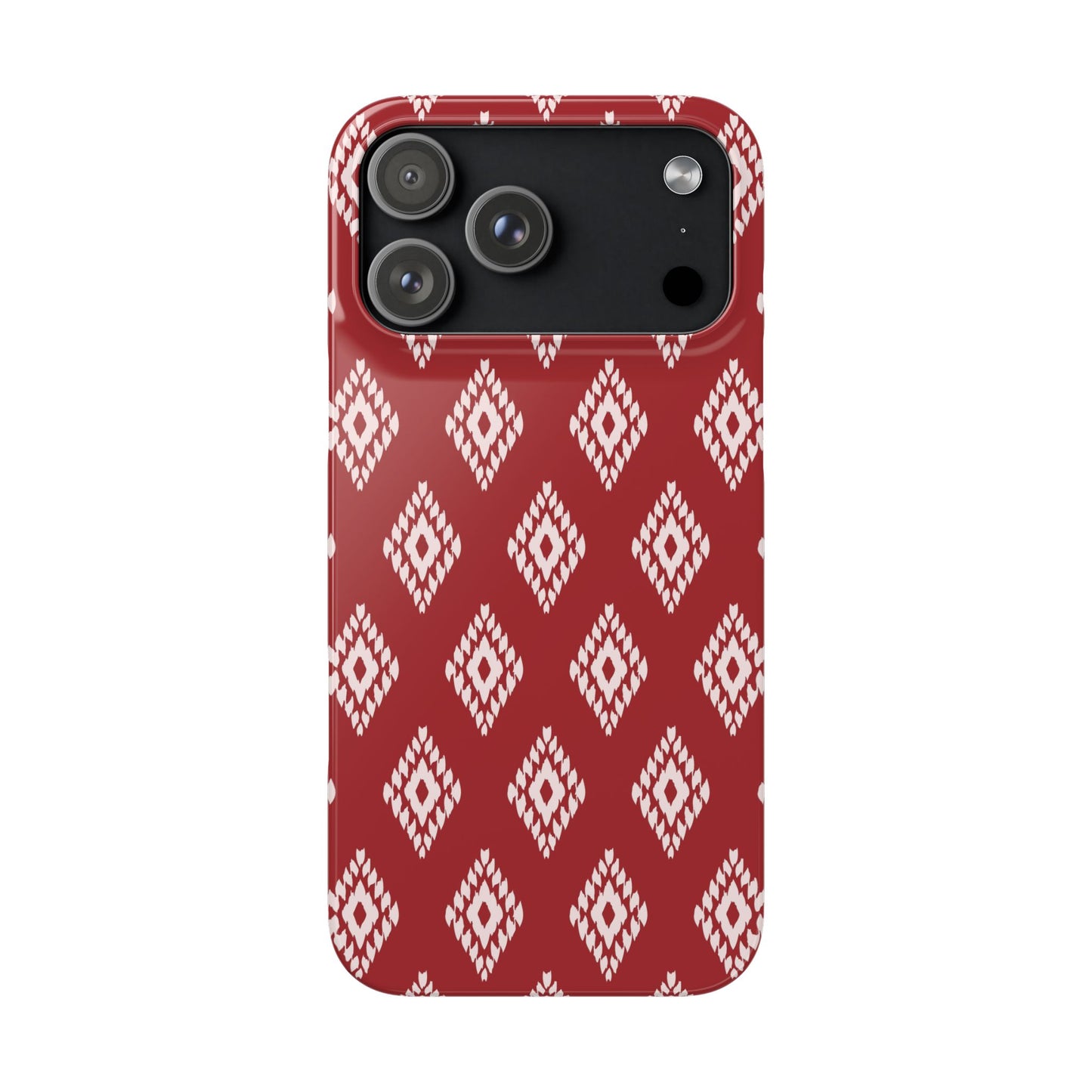 Phone case with red and white geometric pattern on a white background
