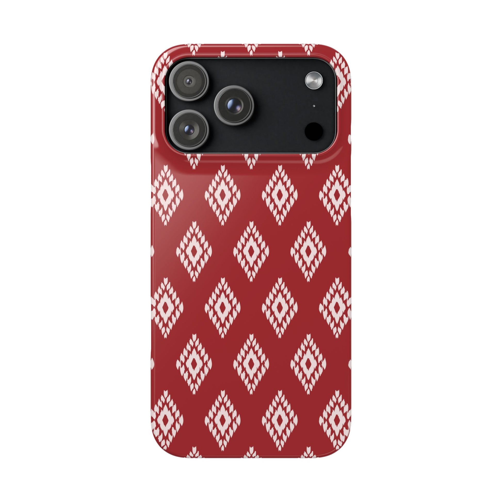 Phone case with red and white geometric pattern on a white background