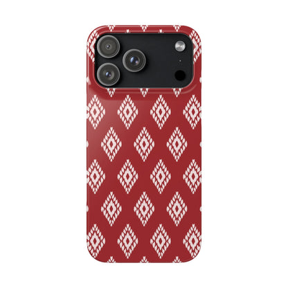 Phone case with red and white geometric pattern on a white background