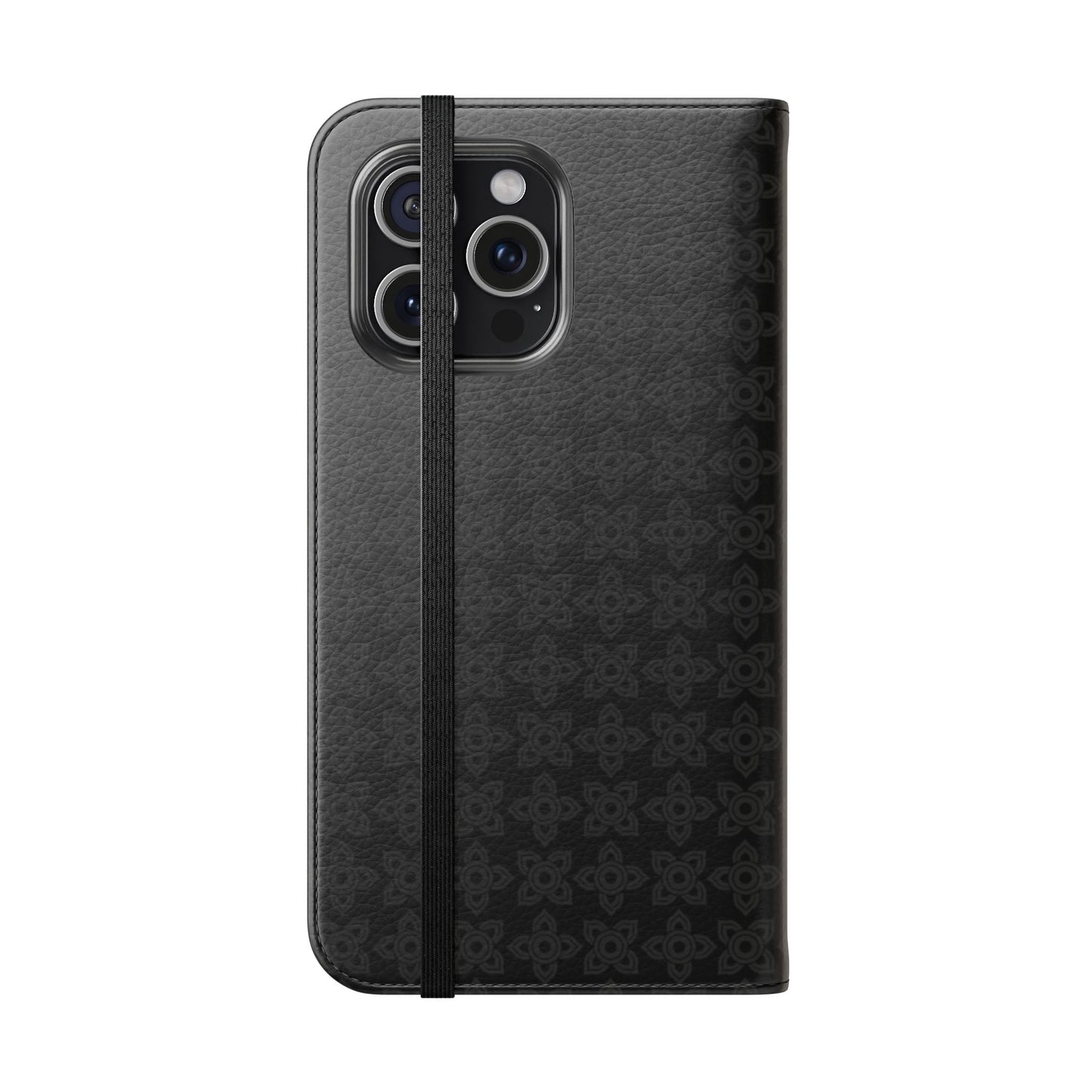 Black phone case with geometric pattern on a white background