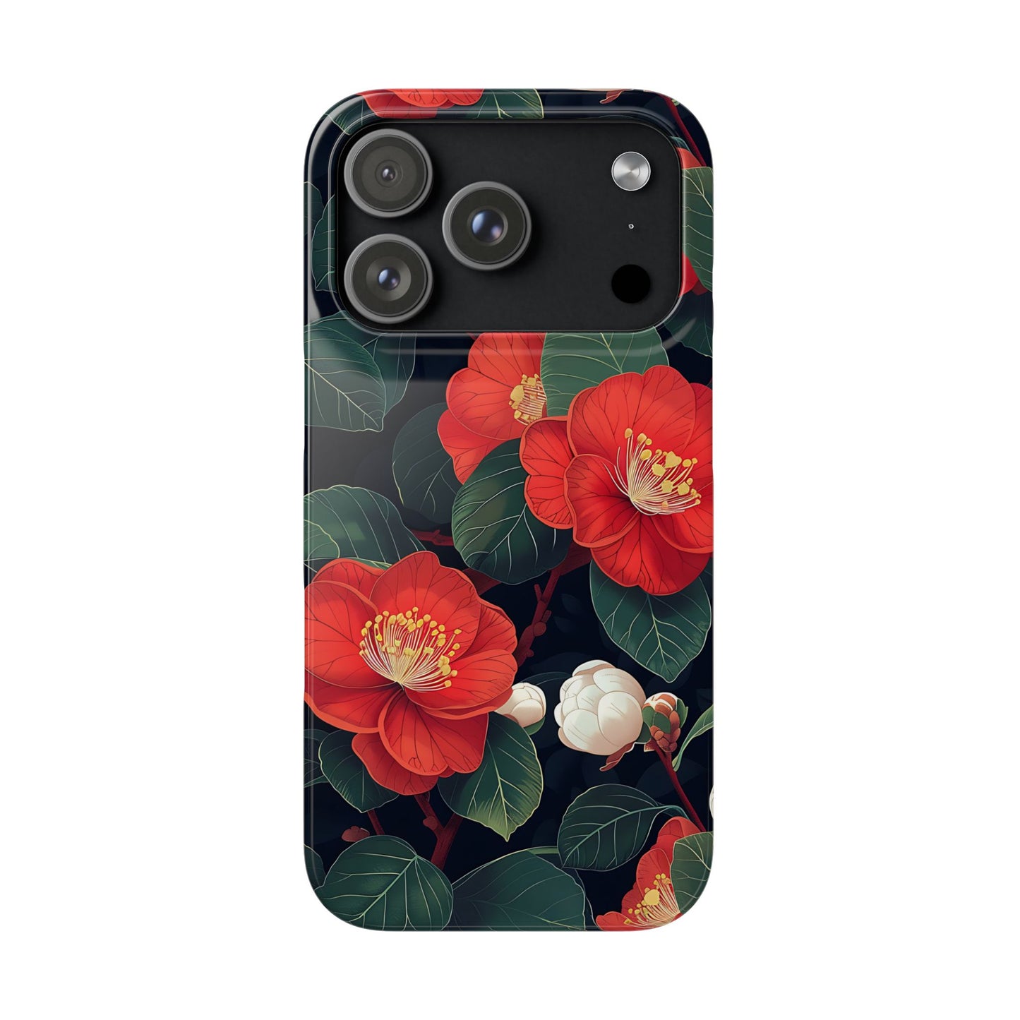 Phone case with red floral design on a dark background
