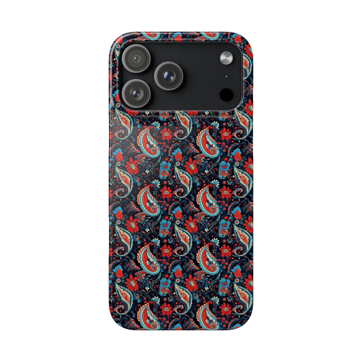 Phone case with a colorful paisley pattern on a white background