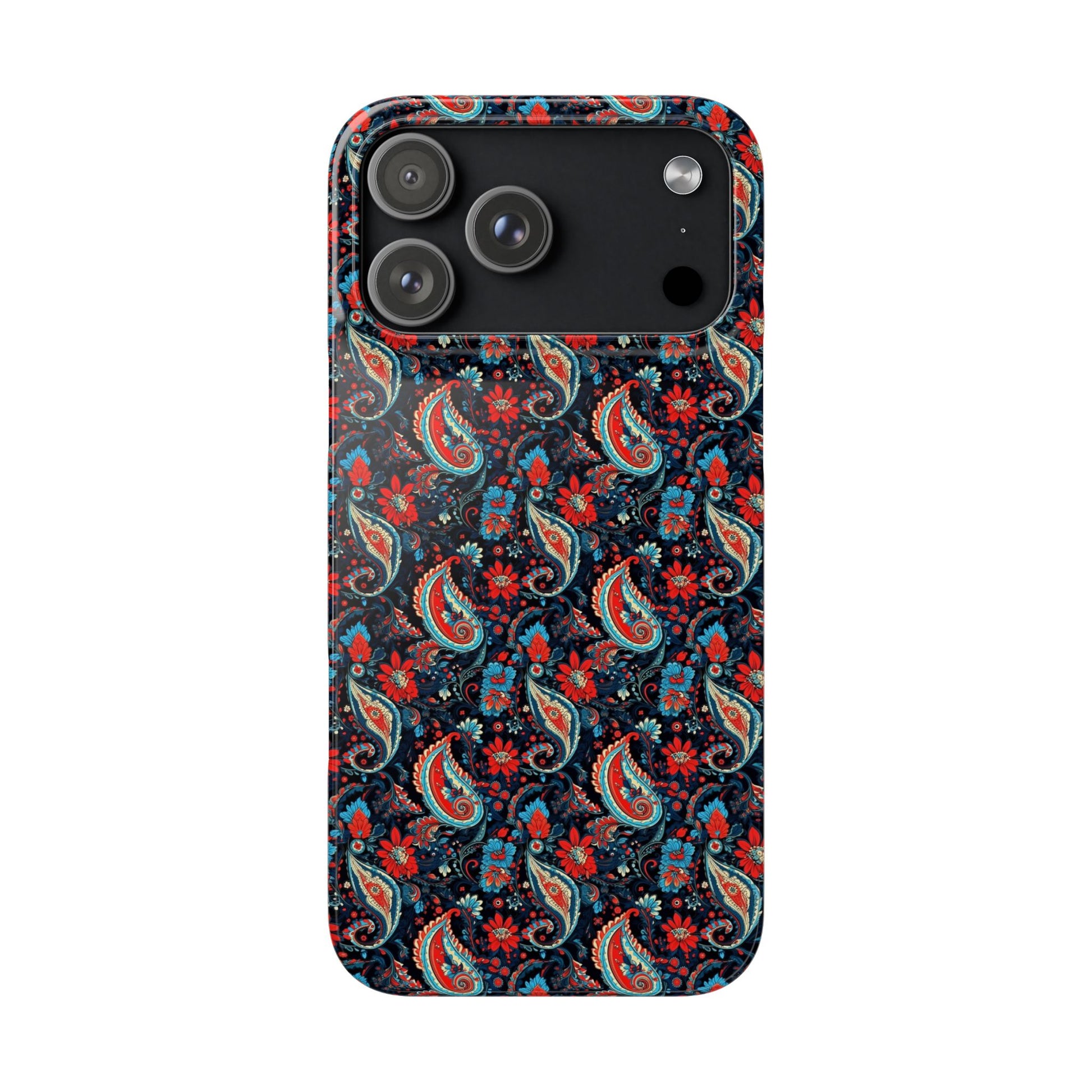 Phone case with a colorful paisley pattern on a white background