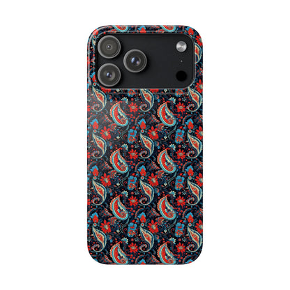 Phone case with a colorful paisley pattern on a white background