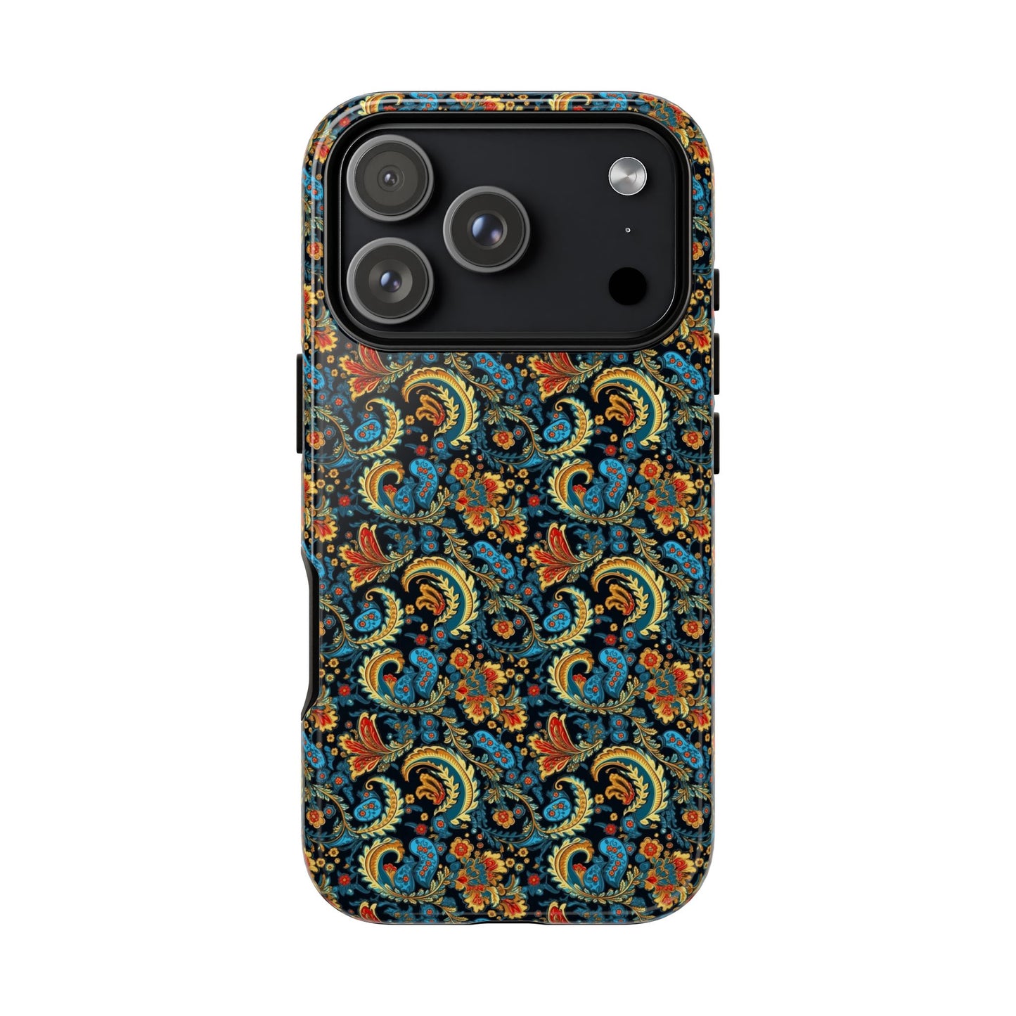 Phone case with a colorful paisley pattern on a white background