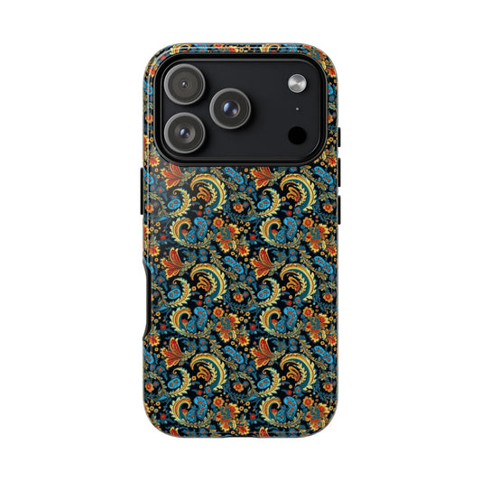 Phone case with a colorful paisley pattern on a white background