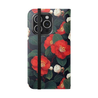 Phone case with red floral design on a black background