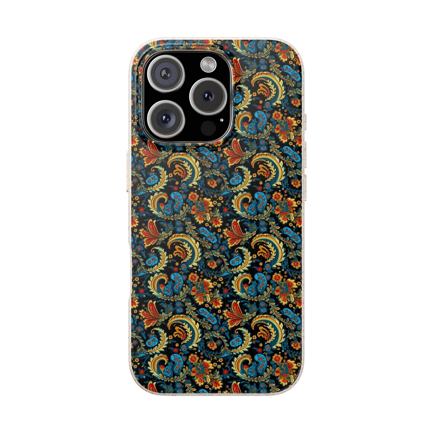 Phone case with a colorful paisley pattern on a white background