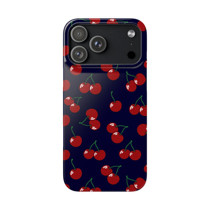 Phone case with cherry pattern on a dark blue background
