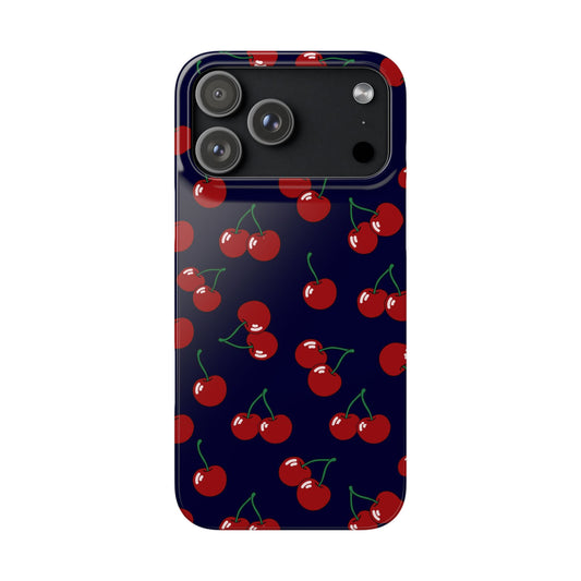 Phone case with cherry pattern on a dark blue background