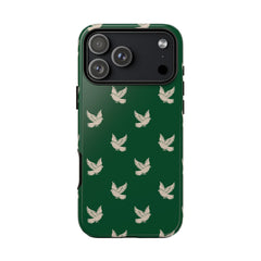 Phone case with bird pattern on a green background