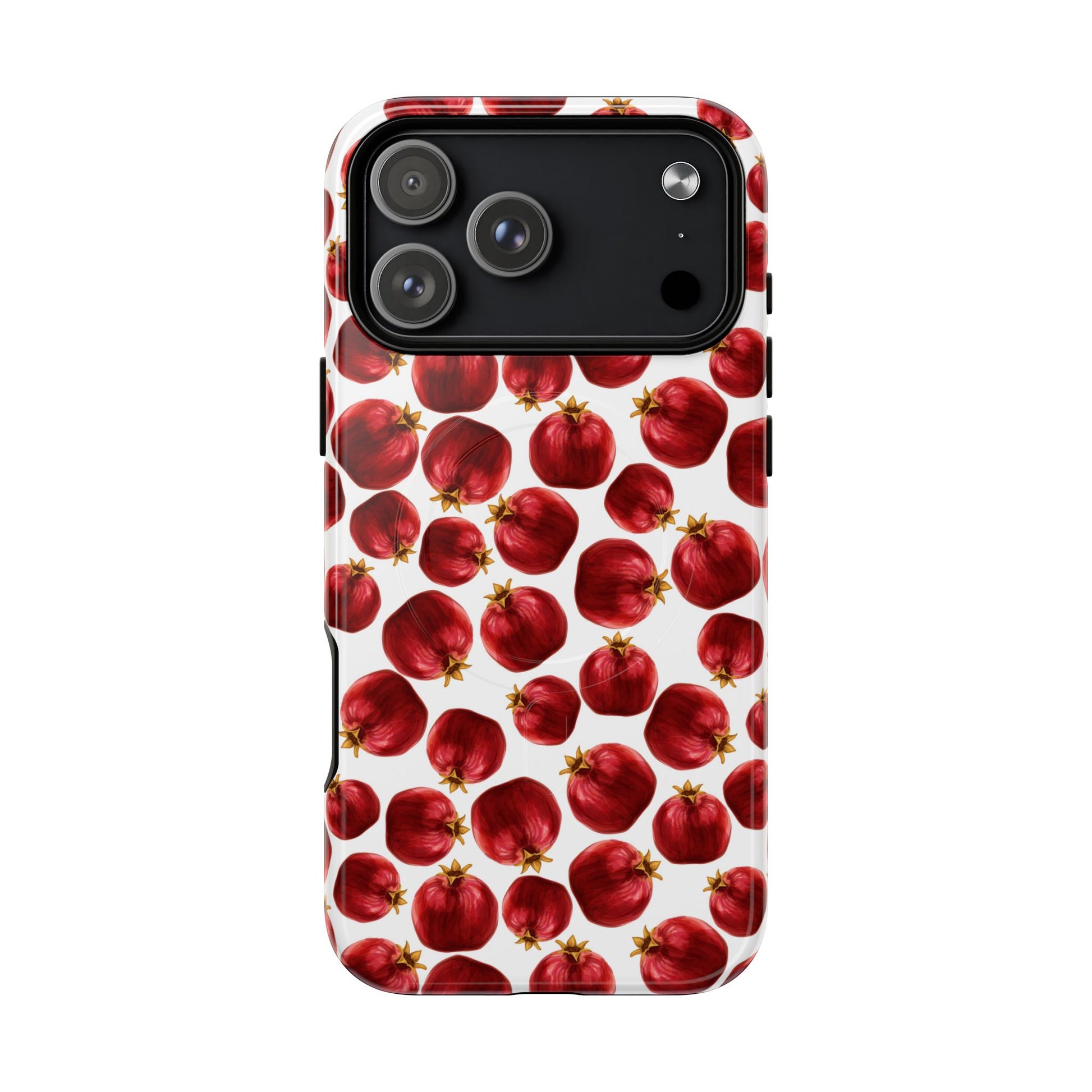 Phone case with red pomegranate pattern on a white background