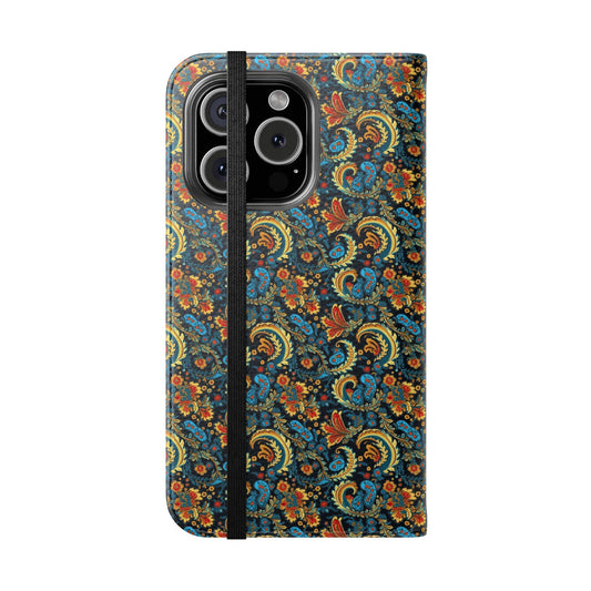 Phone case with a colorful paisley pattern on a white background
