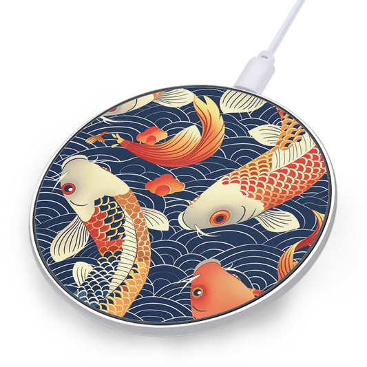 Wireless charging pad with koi fish design on a blue wave background