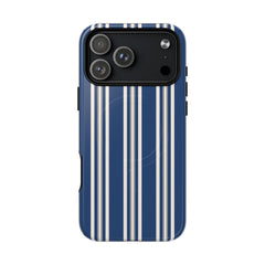 Phone case with blue and white striped pattern on a white background