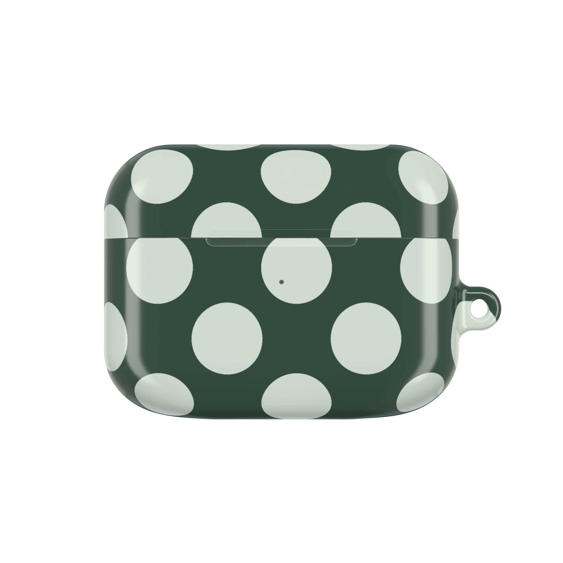 Green case with white polka dots on a white background