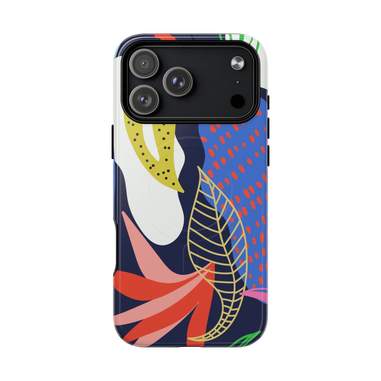 Phone case with colorful abstract design on a white background