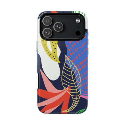Phone case with colorful abstract design on a white background