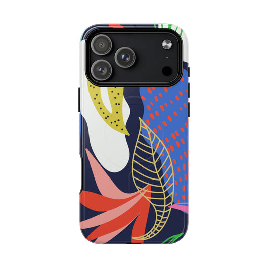 Phone case with colorful abstract design on a white background