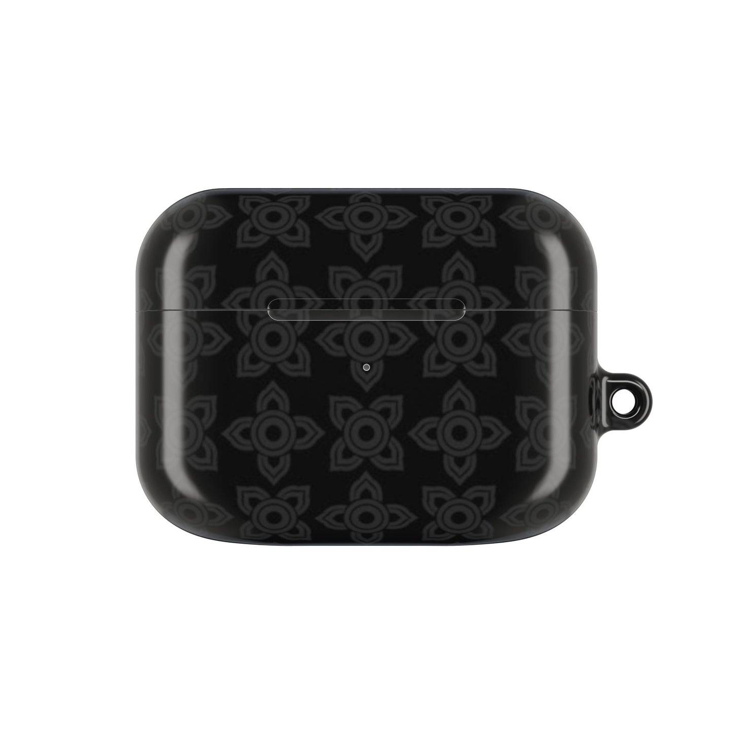 Black wireless earbud case on a white background