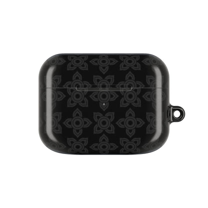 Black wireless earbud case on a white background
