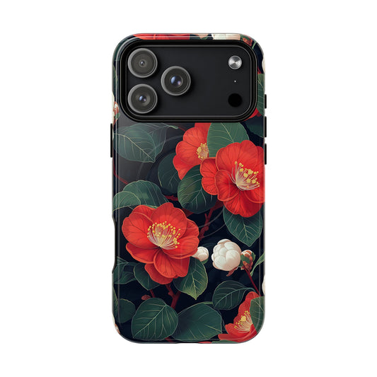 Phone case with red floral design on a black background