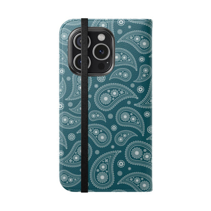 Phone case with white paisley pattern on a teal background