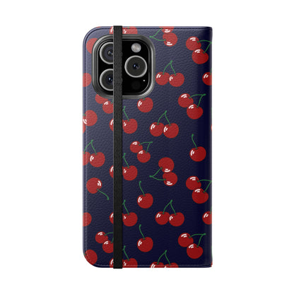Phone case with cherry pattern on a dark blue background