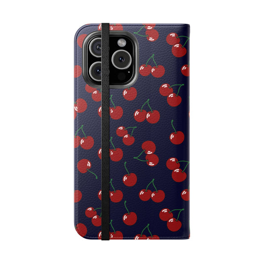 Phone case with cherry pattern on a dark blue background