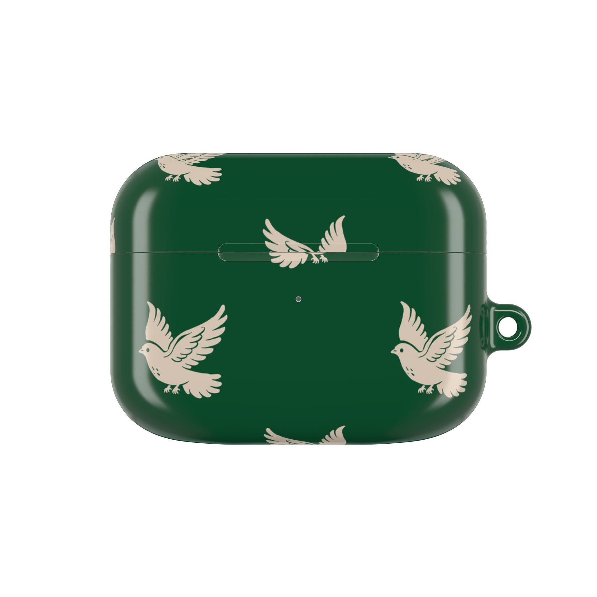 Green case with bird pattern on a white background