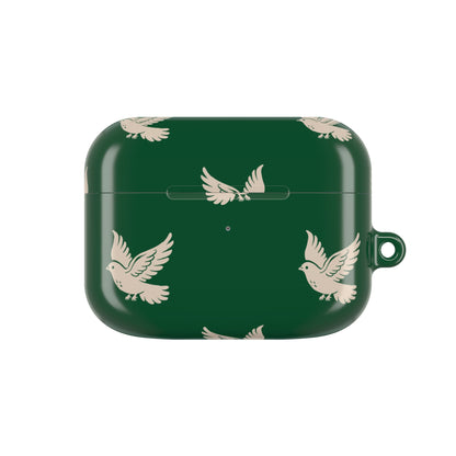 Green case with bird pattern on a white background
