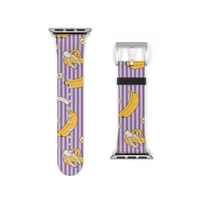 Watch band with banana pattern on a purple and white striped background