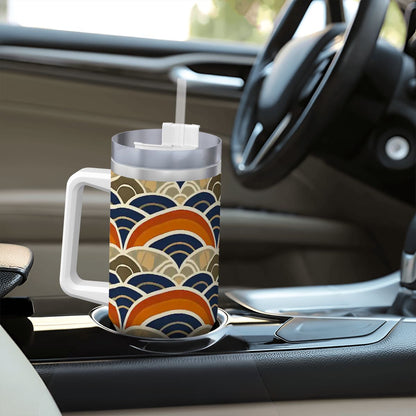 Colorful mug with wave pattern on a car dashboard