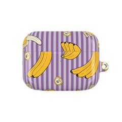 Purple striped case with banana designs on a white background