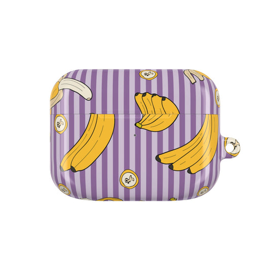 Purple striped case with banana designs on a white background