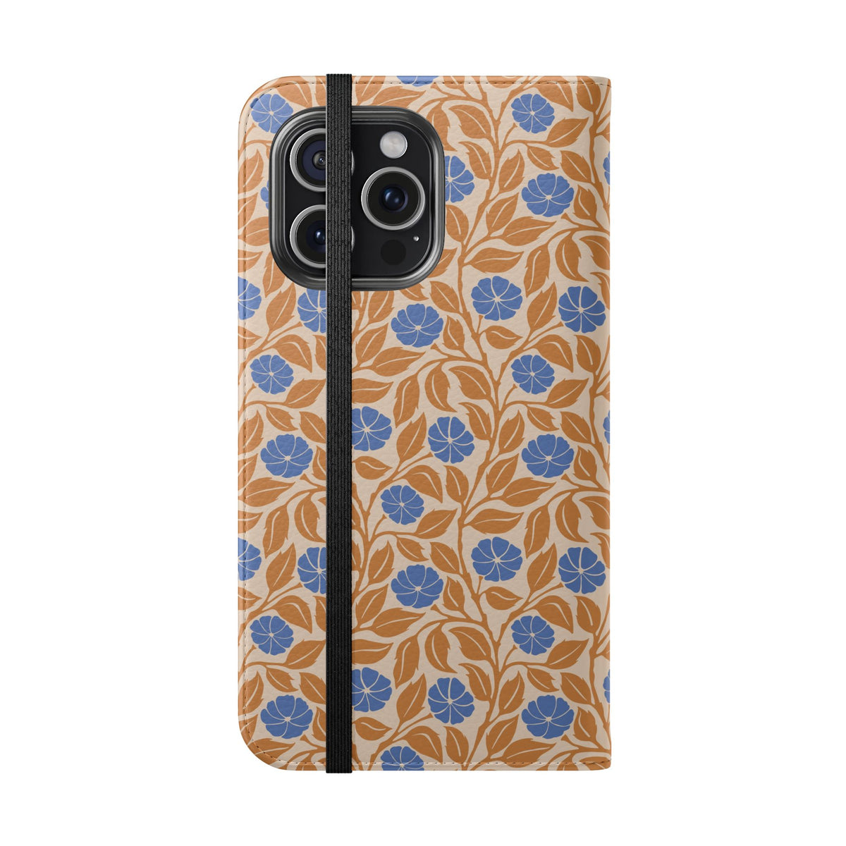 A phone wallet case featuring a vintage floral pattern with blue flowers and brown leaves on a beige background, secured by a black elastic band.