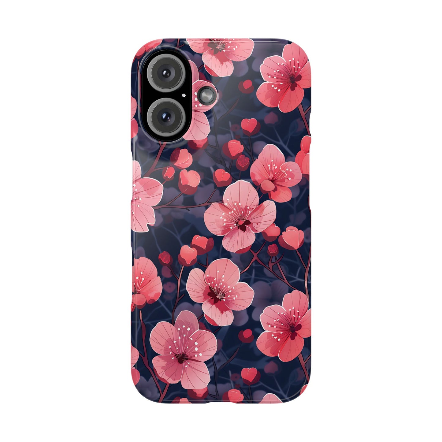 Phone case with pink floral design on a dark background