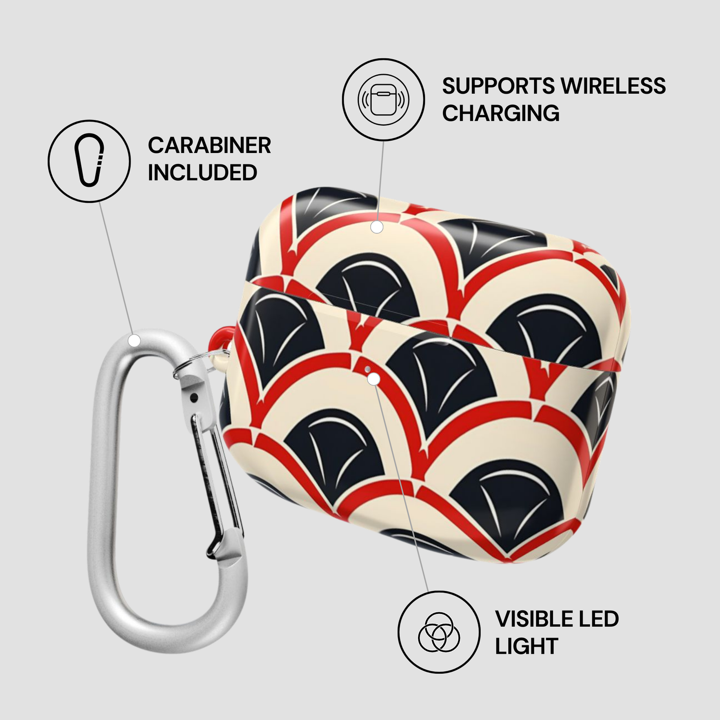 Heart-shaped case with carabiner, wireless charging support, and visible LED light on a gray background