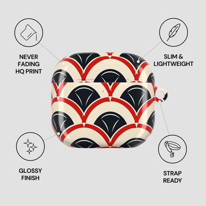 Patterned case with features listed on a light gray background