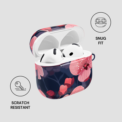 Floral patterned airpod case with icons indicating snug fit, scratch resistance on a light gray background