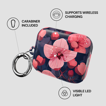 Floral design case with carabiner, wireless charging support, and LED light feature on a gray background