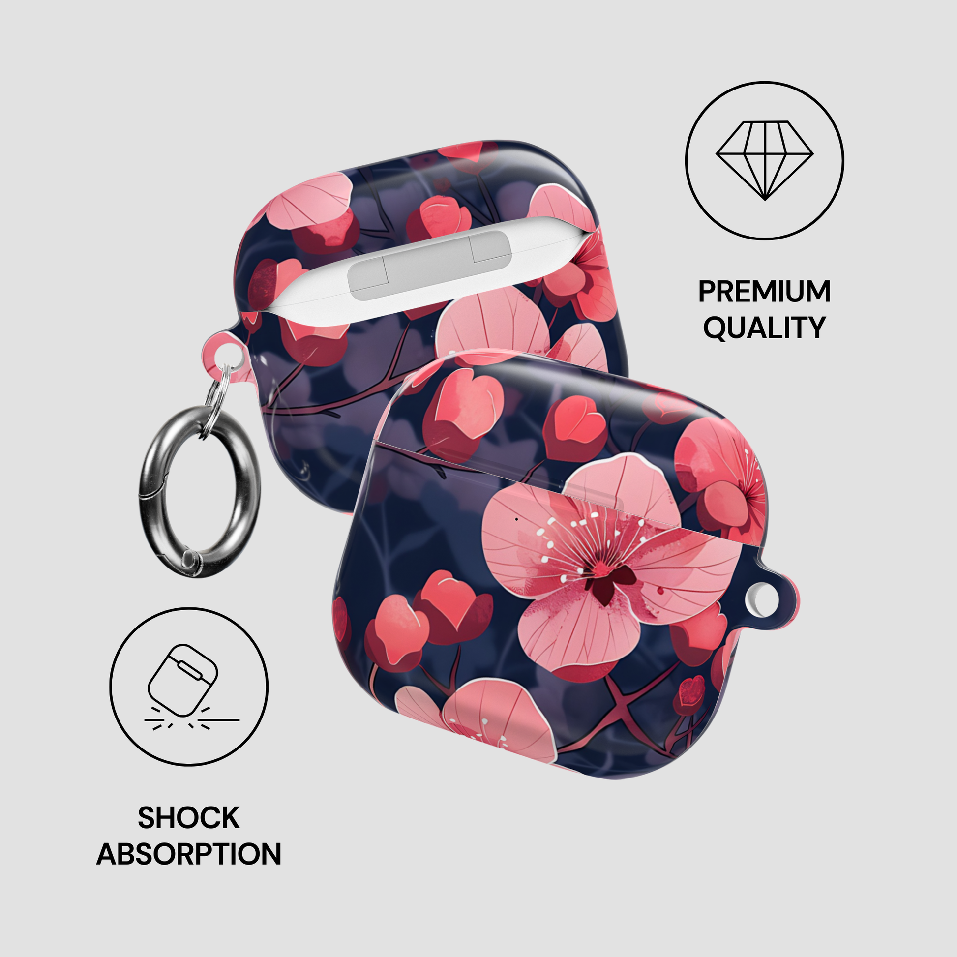 Floral design case with shock absorption feature on a light gray background