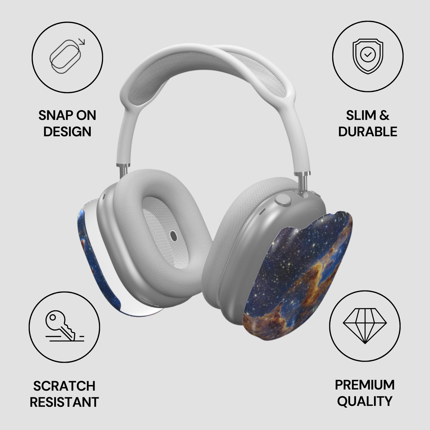 White headphones with galaxy design on ear cups, featuring icons and text describing features.