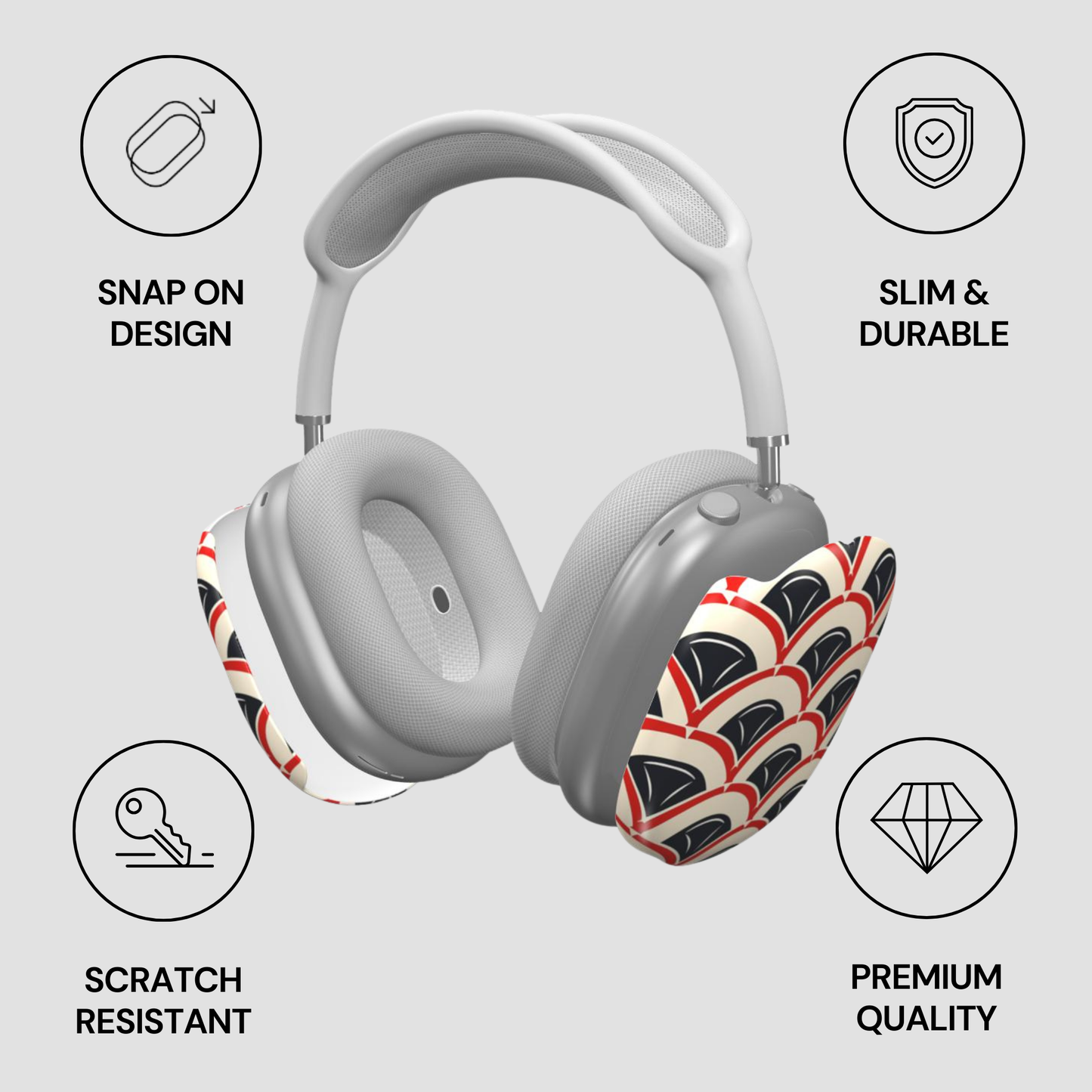 Gray headphones with colorful ear covers on a light gray background with feature icons.