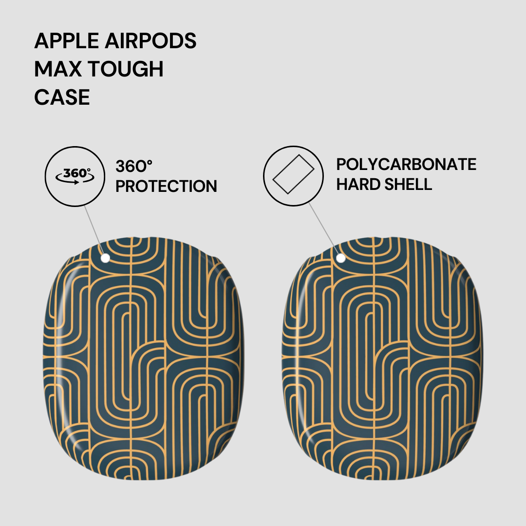 Apple AirPods Max Tough Case with 360-degree protection and polycarbonate hard shell features on a light gray background.