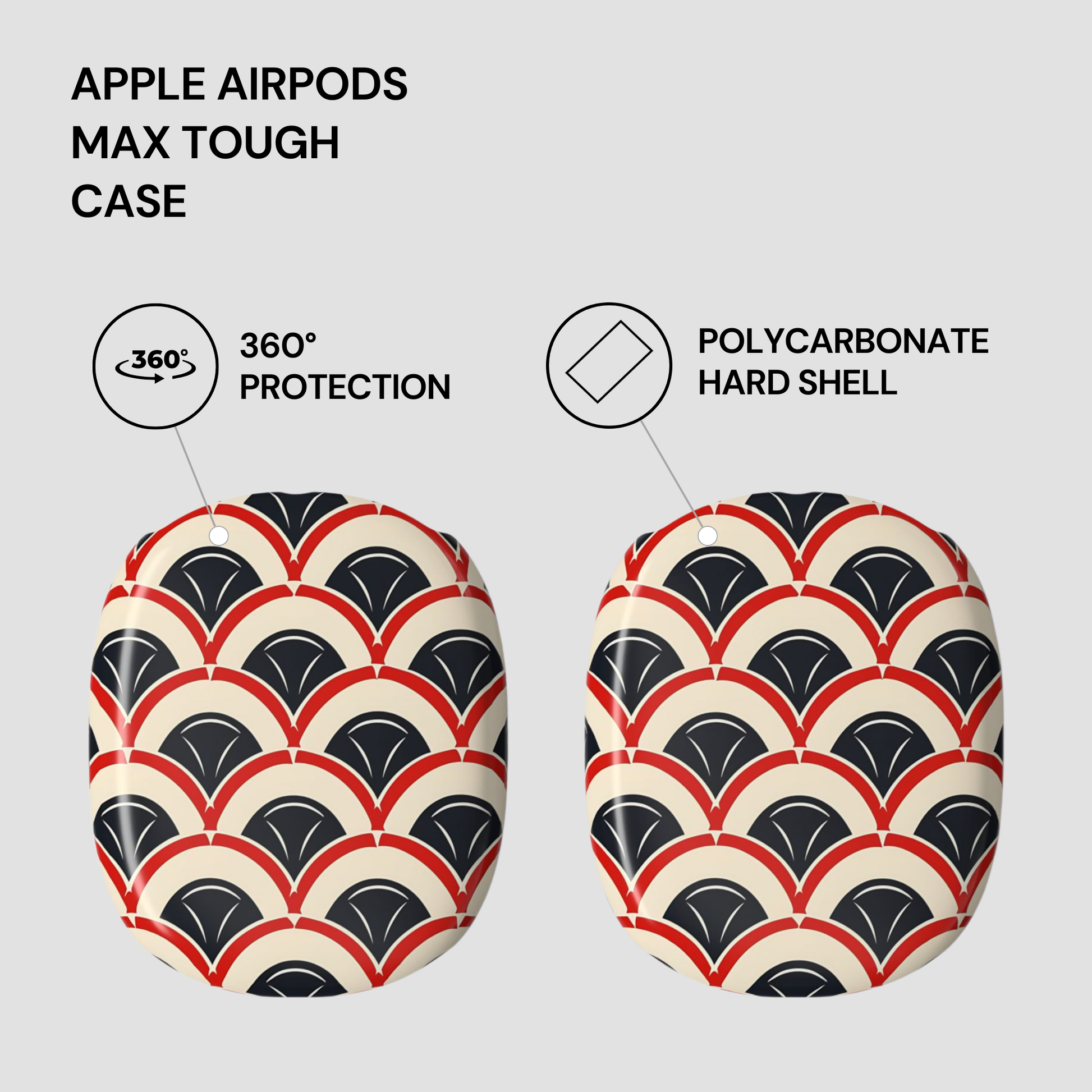 Patterned Apple AirPods Max Tough Case with text highlighting features on a gray background