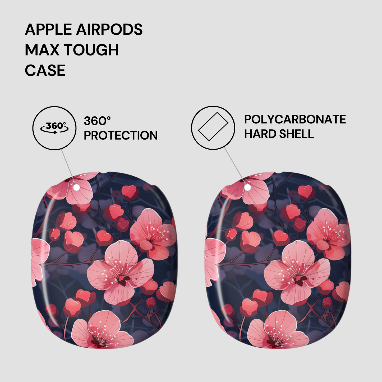 Floral design Apple AirPods Max Tough case with protective features highlighted on a light gray background.