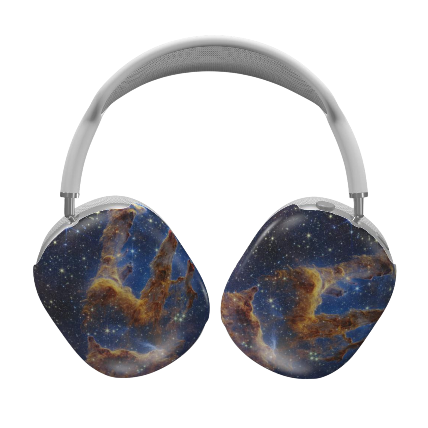 Headphones with a space-themed design on a white background