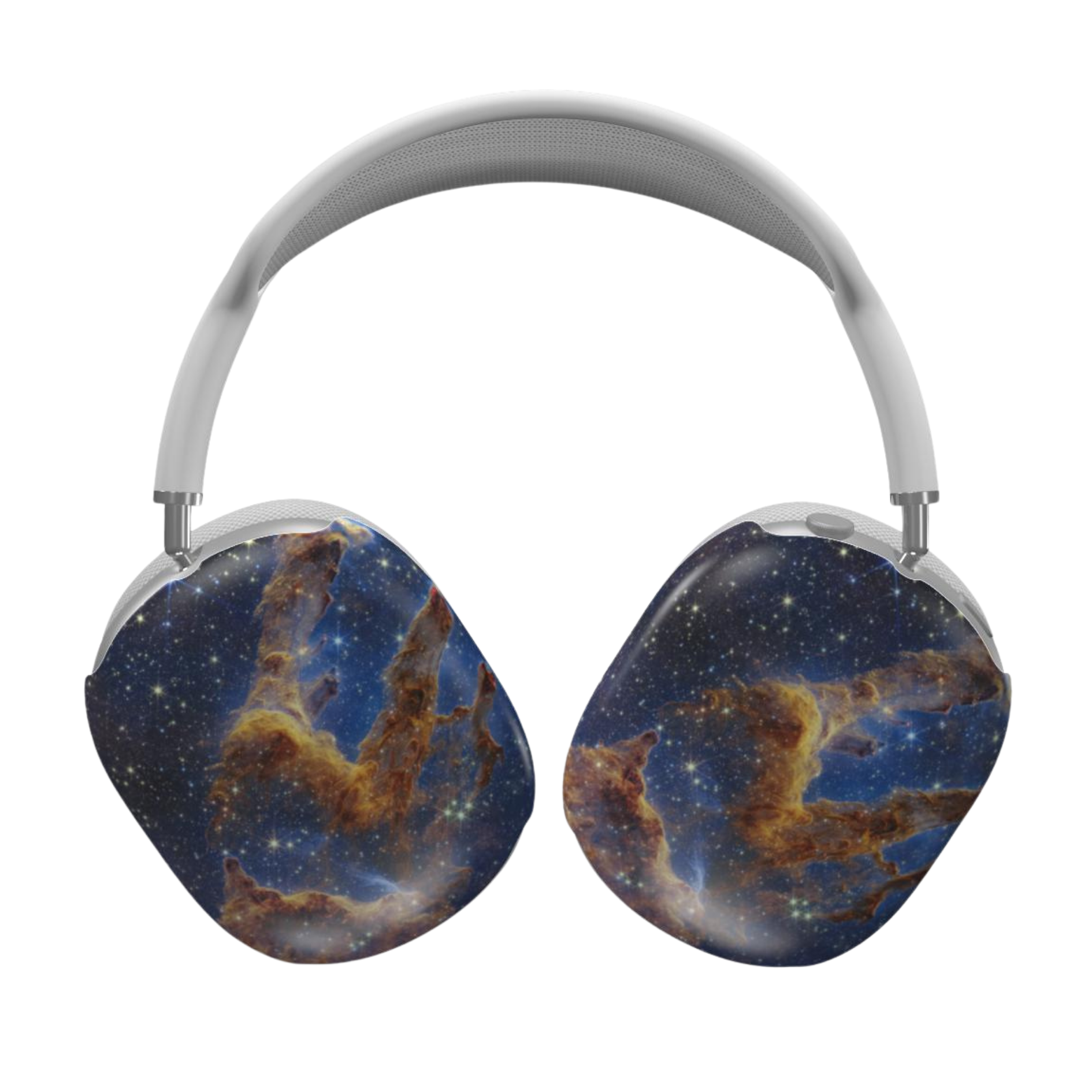 Headphones with a space-themed design on a white background