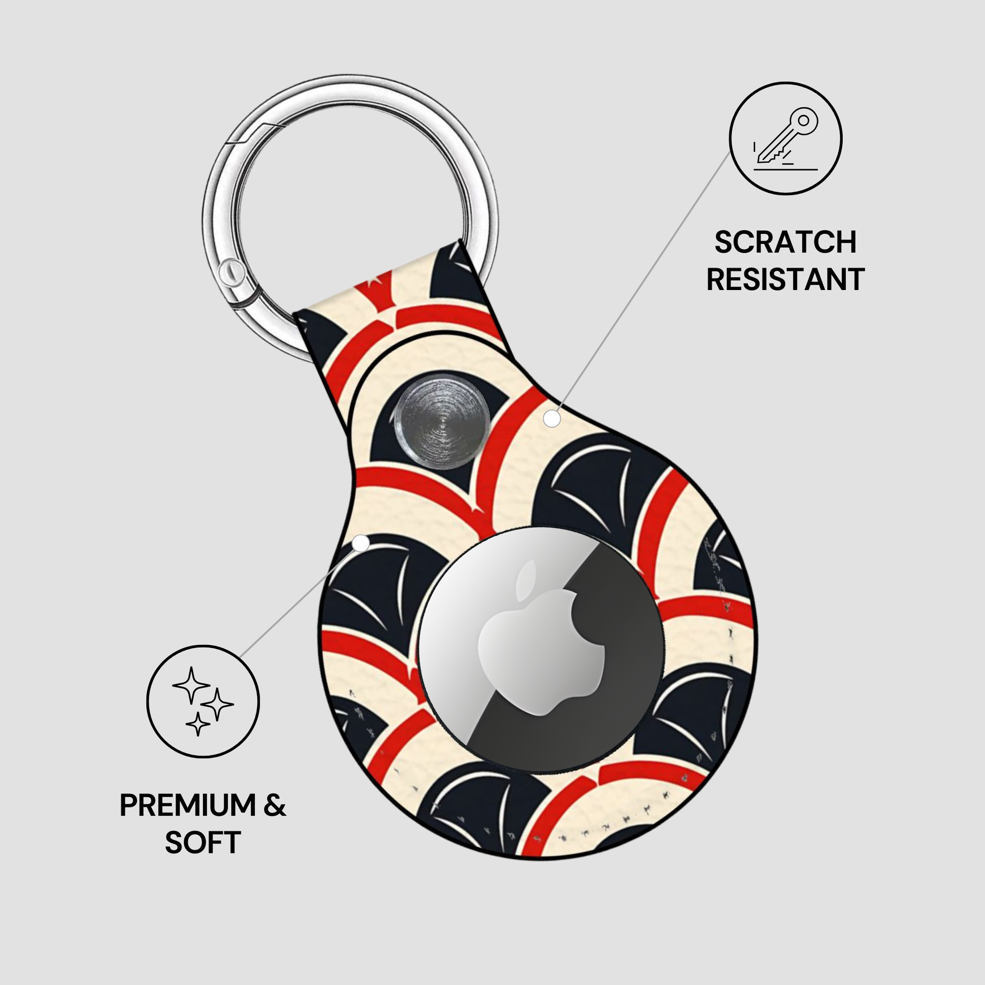 Keychain case with British flag design for Apple product, featuring scratch resistance and softness text.